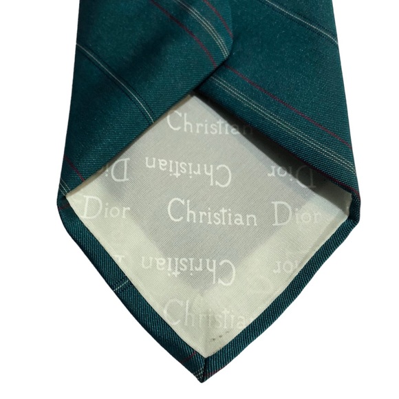 CHRISTIAN DIOR Teal Striped Silk Blend Tie- VINTAGE - Picture 5 of 7